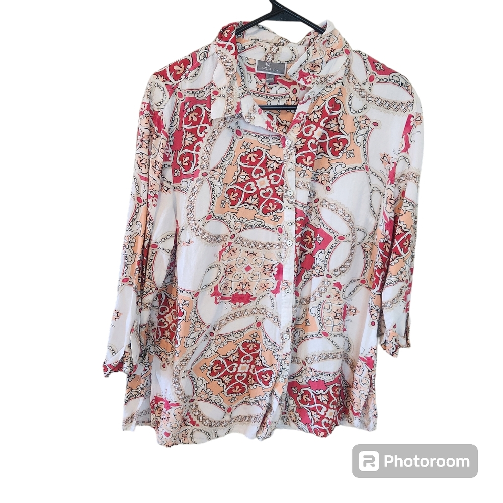 JM Collection pink, peach, and white button down blouse. Size Large.